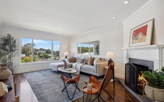 135 Marietta Drive living room with fireplace and views